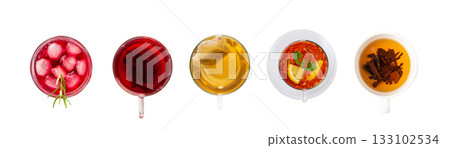 Assorted color tea isolated. Different transparent fruit drinks, Christmas teacup collection Assorted color tea isolated. Different transparent fruit drinks, Christmas teacup collection 133102534
