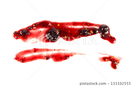 Black currant jam with chili isolated, blueberry chilli pepper marmalade smear, spicy fruit confiture Black currant jam with chili isolated, blueberry chilli pepper marmalade smear, spicy fruit confiture 133102555