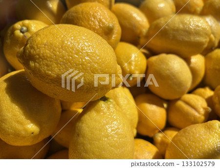 Lemon background pile, many yellow fruits texture in sunlight. Lemonade fruit pattern Lemon background pile, many yellow fruits texture in sunlight. Lemonade fruit pattern 133102579