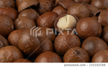 Macadamia nuts pattern. Natural raw peeled macadamia seeds and shells 133102588