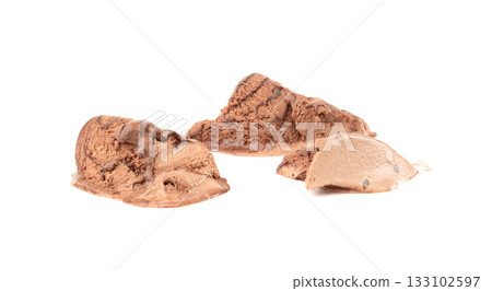 Melted chocolate ice cream isolated, real melting cocoa icecream drops, chocolate ice stain 133102597