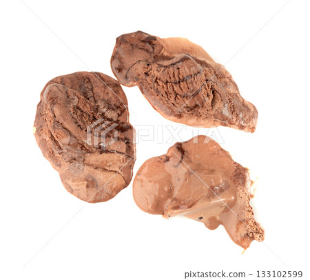 Melted chocolate ice cream isolated, real melting cocoa icecream drops, chocolate ice stain 133102599