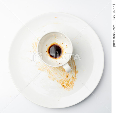Spilled Soy Sause Leftovers Isolated, Teriyaki Drops on White Plate, Oyster Sauce Smear Texture Spilled Soy Sause Leftovers Isolated, Teriyaki Drops on White Plate, Oyster Sauce Smear Texture 133102661