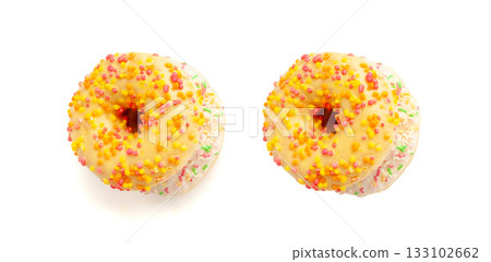 Doughnuts Isolated, Glazed Frosted Donuts with Colorful Sprinkles Doughnuts Isolated, Glazed Frosted Donuts with Colorful Sprinkles 133102662
