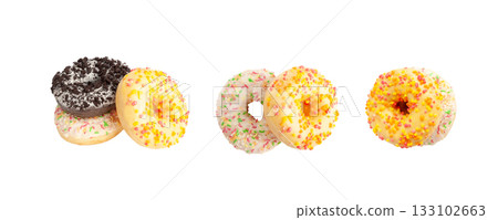 Doughnuts Isolated, Glazed Frosted Donuts with Colorful Sprinkles Doughnuts Isolated, Glazed Frosted Donuts with Colorful Sprinkles 133102663