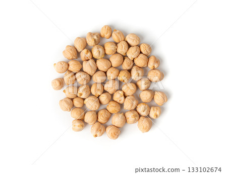 Chickpea, chick pea pile, dry Cicer arietinum fruits, raw Bengal gram legume, garbanzo beans 133102674