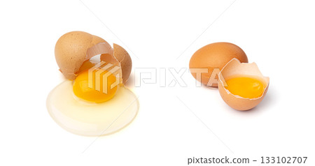 Broken Egg Isolated, Raw Yolk and White, Cracked Brown Shell, Fresh Broken Chicken Eggs on White Background Broken Egg Isolated, Raw Yolk and White, Cracked Brown Shell, Fresh Broken Chicken Eggs on White Background 133102707