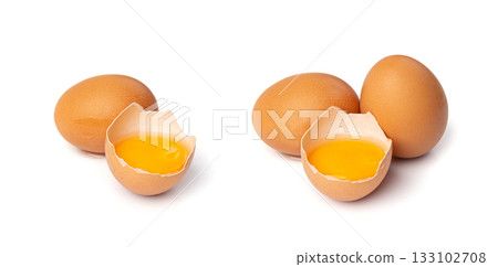 Broken Egg Isolated, Raw Yolk and White, Cracked Brown Shell, Fresh Broken Chicken Eggs on White Background Broken Egg Isolated, Raw Yolk and White, Cracked Brown Shell, Fresh Broken Chicken Eggs on White Background 133102708