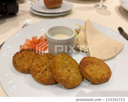 Falafel in Restaurant, Fried Chickpea Round Pieces, Traditional Falafels 133102723