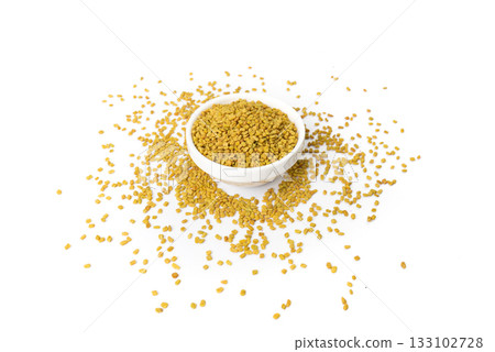 Fenugreek Seeds Isolated, Dry Trigonella, Spicy Methi Dana Grains, Indian Kitchen Seasoning Ingredient 133102728
