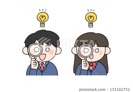 Illustration of two male and female students holding magnifying glasses Illustration of two male and female students holding magnifying glasses 133102752