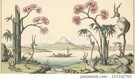A fantastic Japanese-style mountain and cherry blossom landscape 133102765