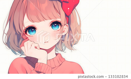 動漫風格插畫，描繪了一個可愛的女孩，她用手輕撫臉頰，白色背景（AI生成圖像） 133102834