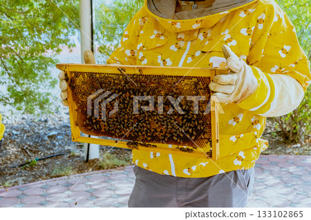 A beekeeper's gloved hands prepare to open a new package of bees to add to the hive. Bee hives, bees adding honey. 133102865