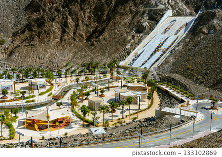 Hatta, UAE- 02112025: Beautiful view of Hatta Dam or Lake and Hajar Mountain in the Emirate of Dubai 133102869