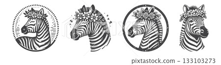 Vintage Hand-Drawn Zebra Wearing a Flower Crown Illustration, Wild Animal Engraved  133103273