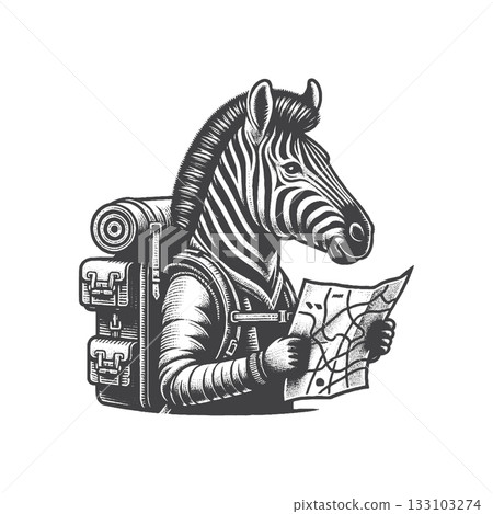 Vintage Hand-Drawn Zebra Holding Map Illustration, Vintage Hand-Drawn Zebra Holding Map Illustration, 133103274
