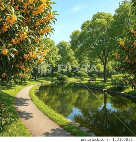 Blooming Osmanthus and natural scenery by the water Blooming Osmanthus and natural scenery by the water 133103831