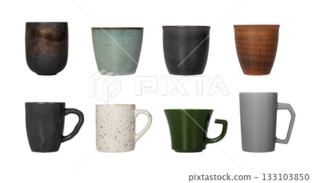 Ceramic mug set. Modern collection of coffee and tea cups in different colors and sizes, porcelain 133103850