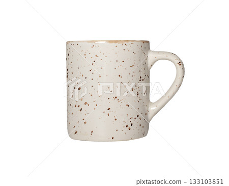 Ceramic mug. Speckled porcelain cup with handle, filled with hot coffee or tea, modern rustic design 133103851