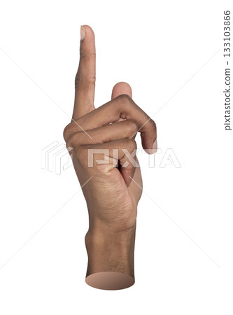 Finger pointing. African male hand with raised index finger touching virtual button, showing Finger pointing. African male hand with raised index finger touching virtual button, showing 133103866
