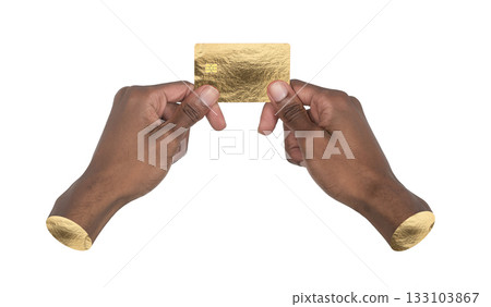 Gold card in hand. African American man showing shiny metallic card symbolizing credit, wealth, 133103867