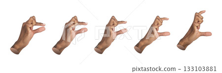 Hand holding object. African American man making pinch gesture with thumb and forefinger, showing 133103881