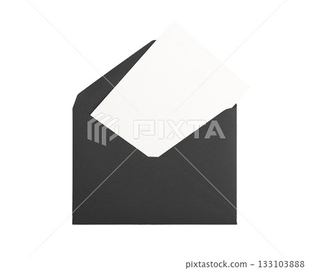 Open paper card. Black envelope with blank white letter peeking out, elegant stationery mockup for Open paper card. Black envelope with blank white letter peeking out, elegant stationery mockup for 133103888