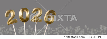 2026 New Year banner. Shiny golden numbers with metallic and pearlescent glow, glittering garlands, 133103910