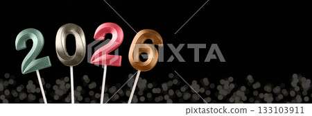 2026 New Year banner. Shiny multicolored lights and twinkling numbers glowing on black background, 133103911