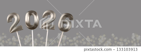 2026 New Year banner. Shiny silver and platinum numbers glowing with festive light, elegant metallic 133103913