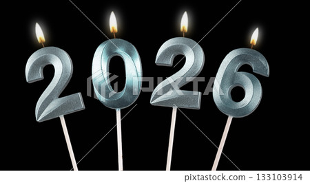 2026 New Year celebration. Glowing candles with flickering flames, shimmering golden numbers, 133103914