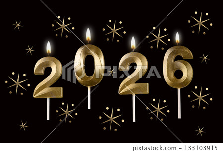 2026 New Year celebration. Shimmering golden numbers with glossy metallic shine, twinkling 133103915