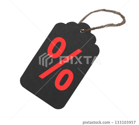 Black tag label. Price off cardboard badge with loop and twine, hanging for fashion and clothing, Black tag label. Price off cardboard badge with loop and twine, hanging for fashion and clothing, 133103957