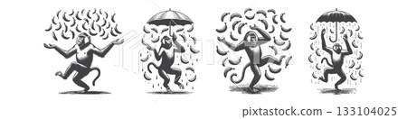 Vintage Hand-Drawn Baboon Dancing Under Rain  133104025