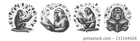 Vintage Hand-Drawn Baboon Reading Book  133104026