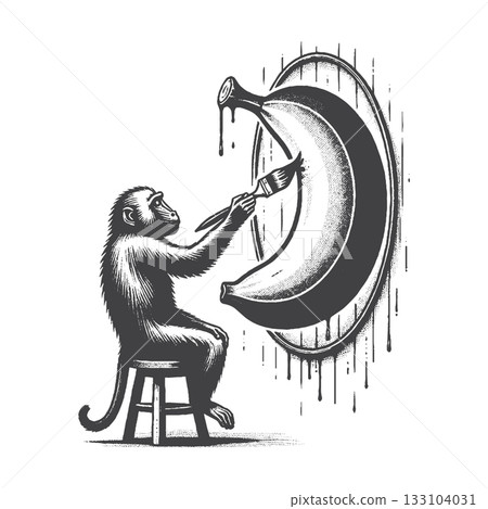 Vintage Hand-Drawn Baboon Drawing Banana  133104031