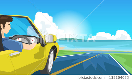 Male driver and a sports car on an asphalt road. The road leads to a wide beach. There is an island under the sun shining and the blue sky. Male driver and a sports car on an asphalt road. The road leads to a wide beach. There is an island under the sun shining and the blue sky. 133104053