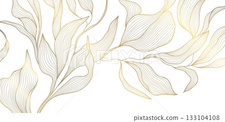 Luxury vector gold leaf pattern, elegant linear foliage, palm motifs, delicate floral elements background. Botanical nature wave illustration. 133104108