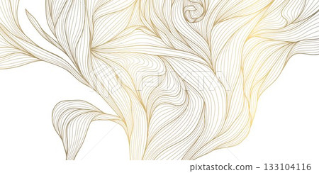 Luxury vector gold leaf pattern, elegant linear foliage, palm motifs, delicate floral elements background. Botanical nature wave illustration Luxury vector gold leaf pattern, elegant linear foliage, palm motifs, delicate floral elements background. Botanical nature wave illustration 133104116