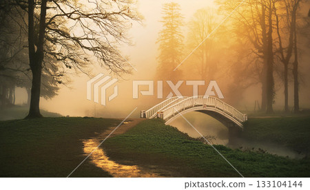Scene with a small bridge in the mist at dawn, AI-generated image 133104144