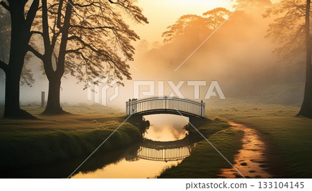 Scene with a small bridge in the mist at dawn, AI-generated image Scene with a small bridge in the mist at dawn, AI-generated image 133104145
