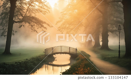 Scene with a small bridge in the mist at dawn, AI-generated image Scene with a small bridge in the mist at dawn, AI-generated image 133104147