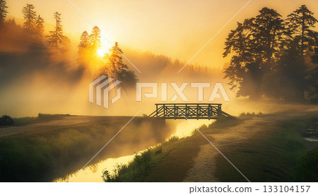 Scene with a small bridge in the mist at dawn, AI-generated image Scene with a small bridge in the mist at dawn, AI-generated image 133104157