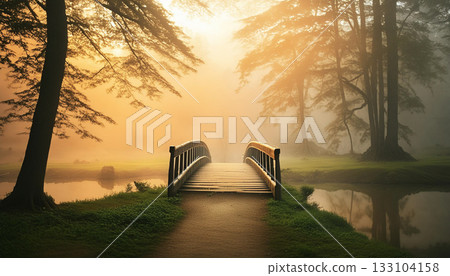 Scene with a small bridge in the mist at dawn, AI-generated image Scene with a small bridge in the mist at dawn, AI-generated image 133104158