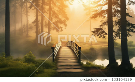 Scene with a small bridge in the mist at dawn, AI-generated image Scene with a small bridge in the mist at dawn, AI-generated image 133104159