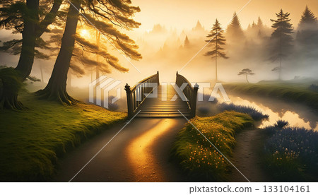 Scene with a small bridge in the mist at dawn, AI-generated image Scene with a small bridge in the mist at dawn, AI-generated image 133104161
