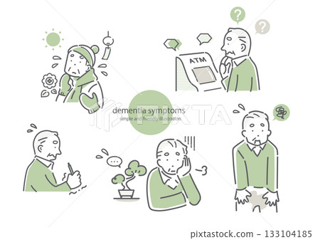 A set of senior men suffering from dementia. Simple and stylish line drawing illustrations 133104185