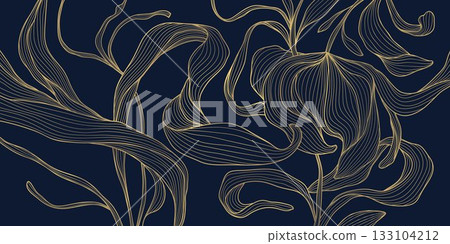 Luxury floral design, gold flowers motifs, elegant line art, Chinese pattern, background. Botanical vector illustration, oriental ornament, wedding invitation, premium card, poster, print. 133104212