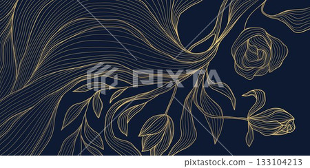 Luxury floral design, gold flowers motifs, elegant line art, Chinese pattern, background. Botanical vector illustration, oriental ornament, wedding invitation, premium card, poster, print. 133104213